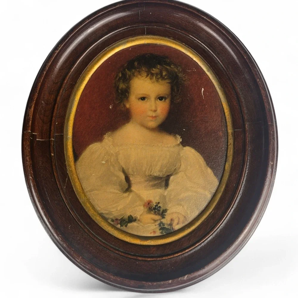 Pair‎ Of Antique Mother And Child Oval Portraits Wooden Frame 19th Century